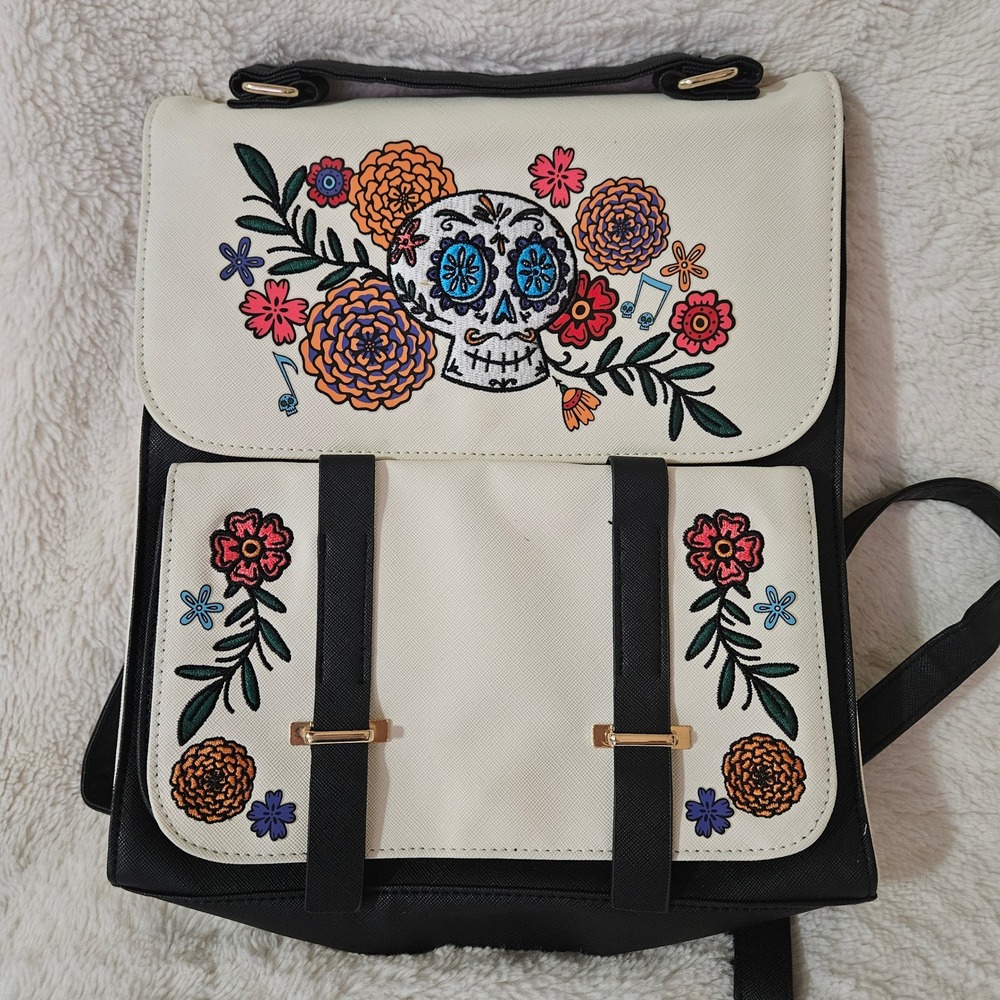 Disney Coco Backpack Sugar‎ Skull Floral Embroidered Black White Faux Leather